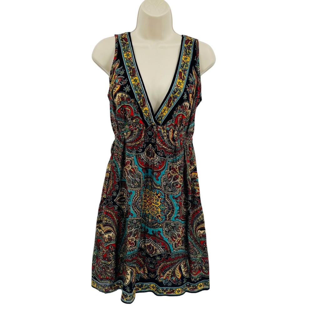 Vintage Angie Sundress Womens Medium Black Paisley Boho V-Neck Y2K 100% Cotton - Picture 2 of 9